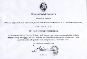 Diploma de participación en el concurso Nutrivideo
